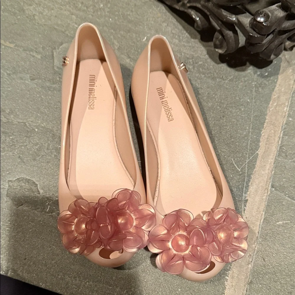 Mini Melissa Pink Jelly Flats with Floral Ornaments Girls Size 13